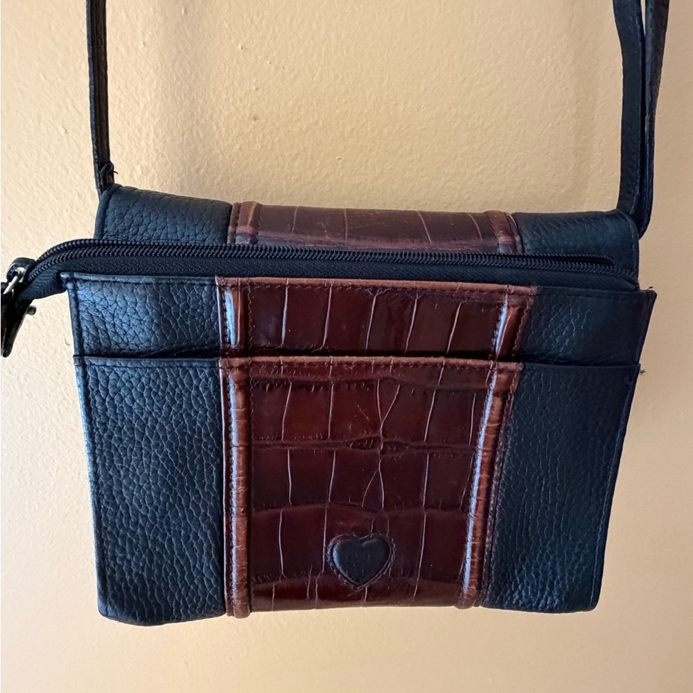 Vtge Brighton Small Crossbody Bag Purse Organizer Moc Croc Black Brown Leather